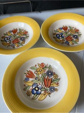 American Limoges Triumph Yellow Floral Ceramic Soup Bowls - Set of 3 Ohio